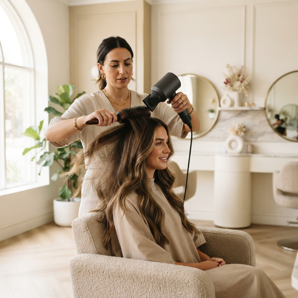 Stylist blow-drying a client's healthy long hair in the salon